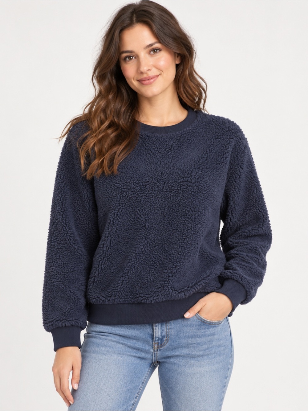 Tory Sport Navy Faux Sherpa Crewneck Sweater Size-Medium Cozy Preppy